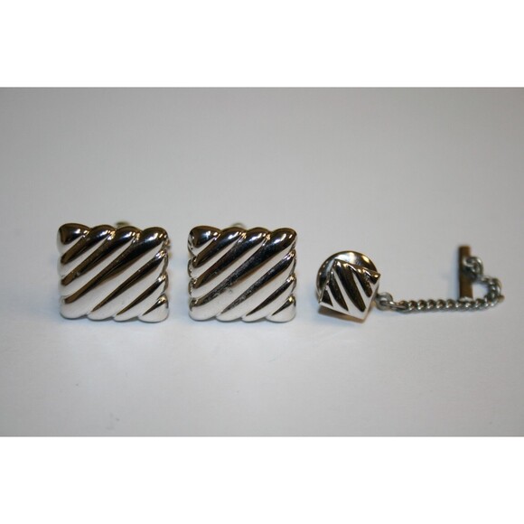 Vintage Chrome Solid Ribbed Striped 1960s Cuff Links & Tie Tack Set Rare - Picture 1 of 4